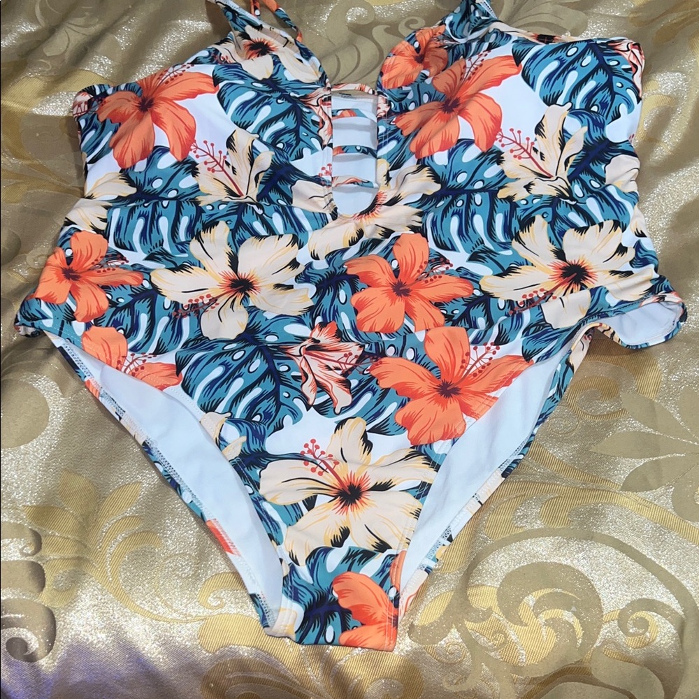 SHEIN Orange & Blue Tropical Floral One-Piece Swimsuit